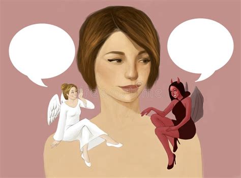 Illustration Of A Woman With A Devil And Angel Having Conversation On