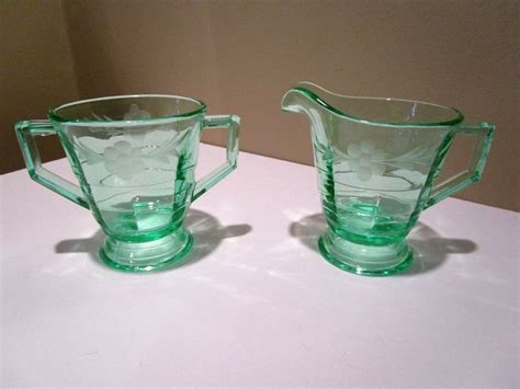 Vintage Green Depression Glass Sugar Bowl And Creamer Etched Flower Pattern Antique Price