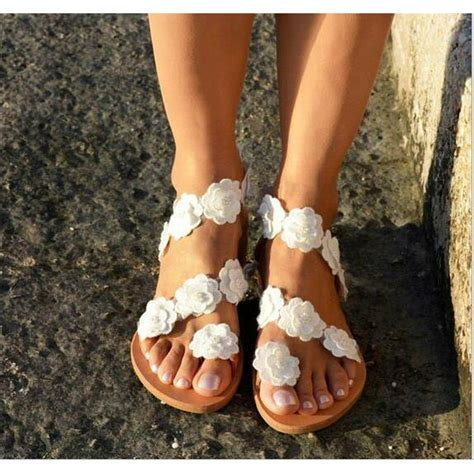 Gliving Women Lace Sandals Dressy White Flat Sandals Boho Sandals