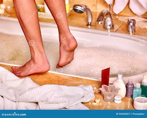 Woman Wash Leg In Bathtube Stock Image Image Of Bath 55630437