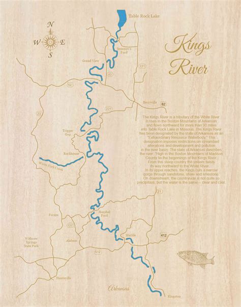 Kings River Arkansas Framed Wood Laser Engraved Map