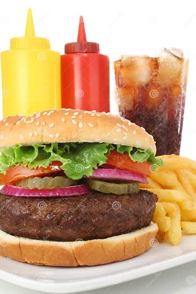 Big Burger With Fries Soda Ketchup And Mustard Stock Photo Image Of