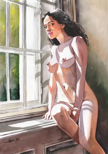 ORIGINAL AQUARELL A Zeichnung Akt Nu Nude Am Fenster Women