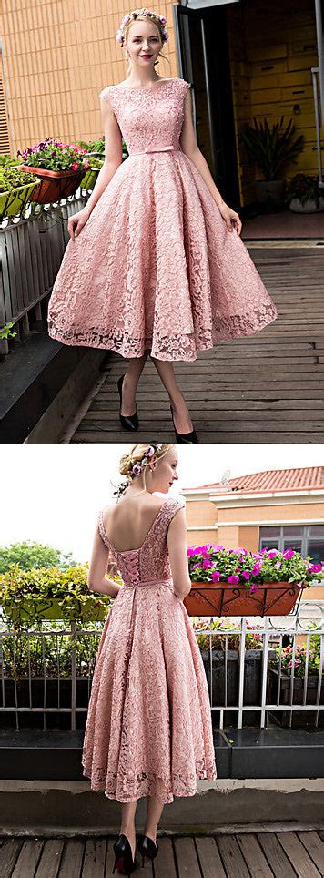 Macloth Cap Sleeves Lace Cocktail Dress Pink Midi Wedding Party Formal