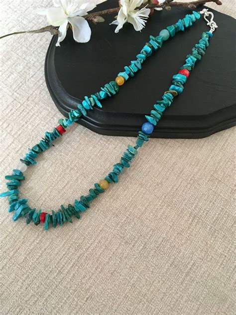 Real Turquoise Chips Red Coral And Jade Necklace Beaded Etsy Jade