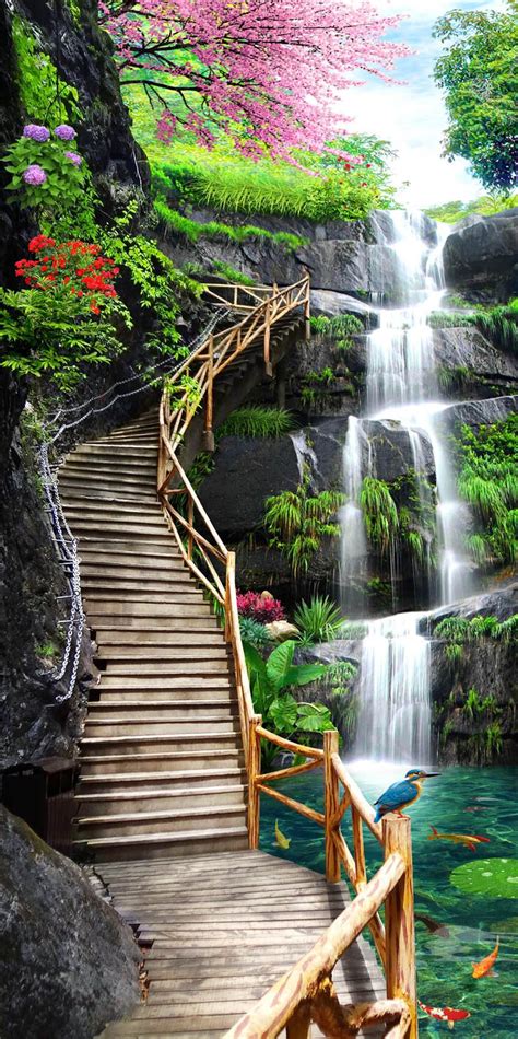 3d Wooden Stairs Waterfall Door Mural Aj Wallpaper