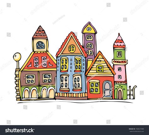 Little Town Doodle Drawing Houses City Vector De Stock Libre De