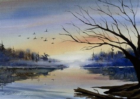 Misty Morning Watercolor Print Calm Lake Sunrise Sunset Etsy