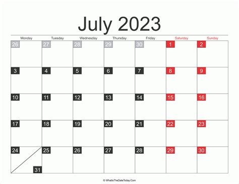 2023 July Calendar Printable Whatisthedatetodaycom