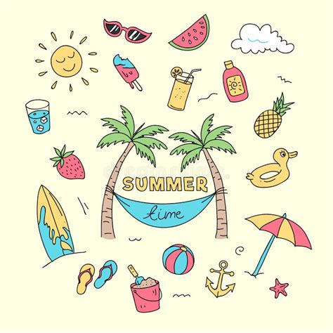 Summer Time Doodle Art With Beach Holiday Object Illustration Full