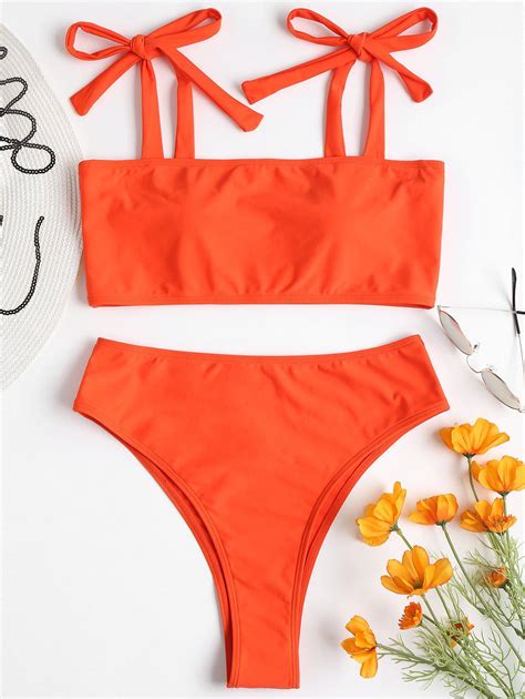 Tie Shoulder High Leg Bikini In Orange Zaful 2023
