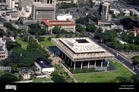 An Aerial View Of The Unique Hawaii State Capitol Building In Downtown