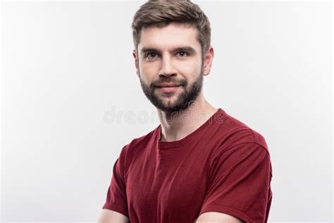 Bearded Dark Haired Handsome Man Wearing Dark Red Shirt Stock Photo