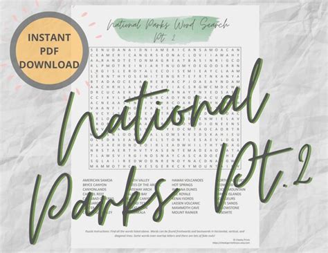 National Parks Word Search Puzzle Part 2 Printable Travel Etsy