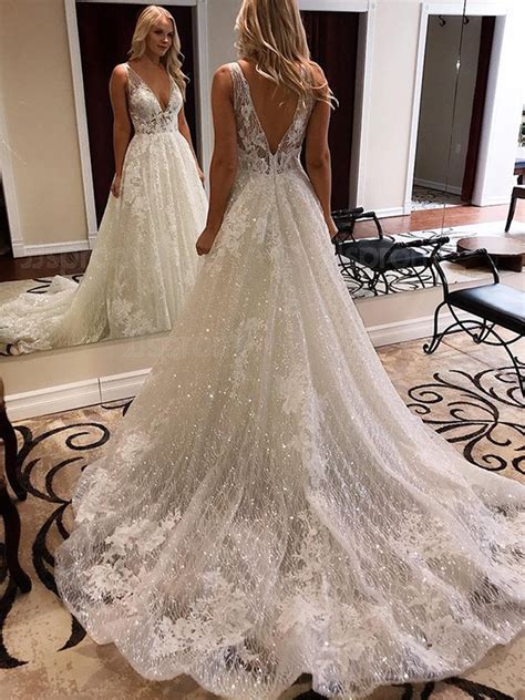 Luxurious Ball Gown V Neck Open Back White Lace Wedding Dresseselegant