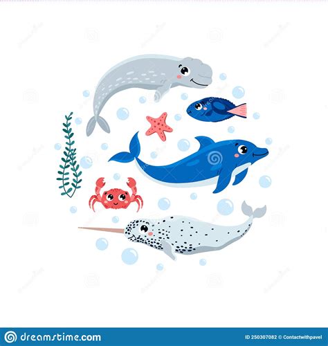 Cute Fishes And Marine Mammals With Smiling Face Flat Vector