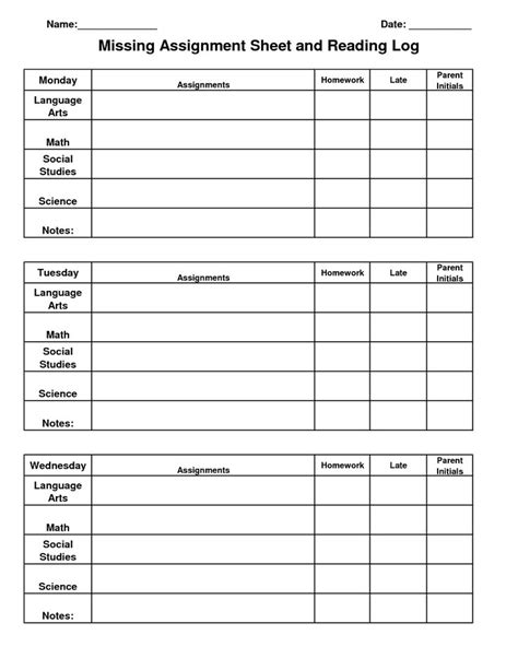 Assignment Log Template Free Homework Assignment Sheet