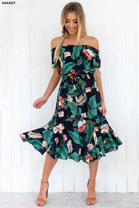 2019 Summer Maxi Dress Tropical Print Short Sleeve Beach Dresswomen One Shoulder Vacation
