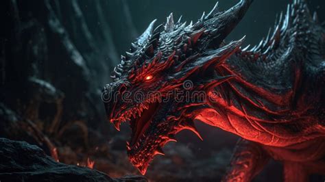 A Red Dragon With Glowing Eyes In A Dark Cave With Rocks Stock