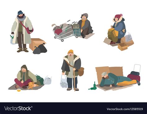 Homeless People Cartoon Flat Characters Set Vector Image