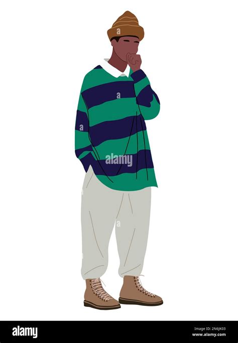 Street Fashion Man Stylish Black Guy Standing In Trendy Vintage Outfit Vector Stock Vector