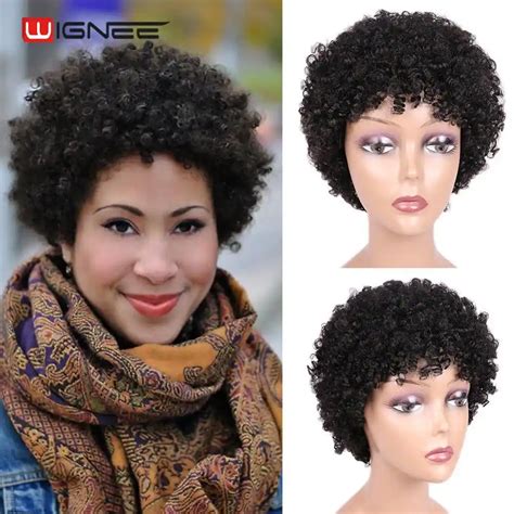 Wignee Afro Kinky Curly Short Human Hair Wigs With Free Bangs For Black