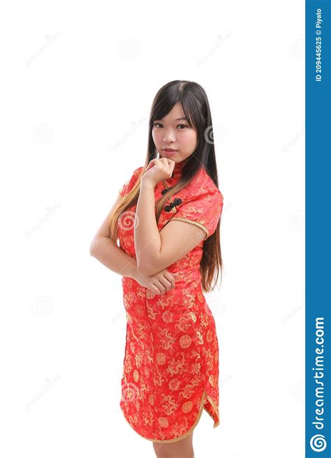 beauty woman wear red cheongsam looking and smile in chinese new year stock image image of