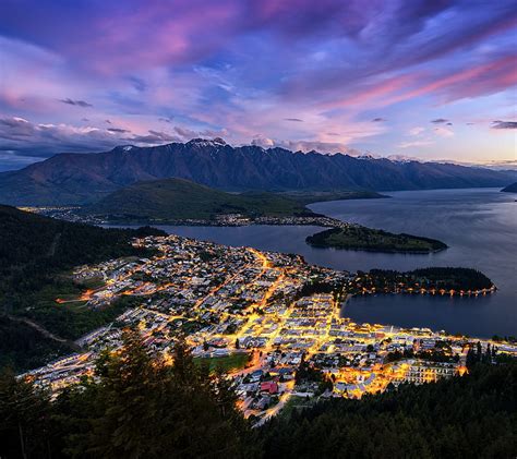 New Zealand Lights Mountains Queenstown Sunrise Sunset Trees Hd