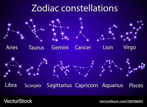Set Zodiac Constellations In Night Sky Royalty Free Vector