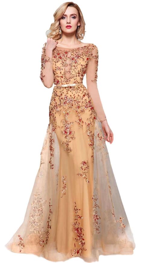Meier Women S Illusion Long Sleeve Embroidery Prom Formal Dress