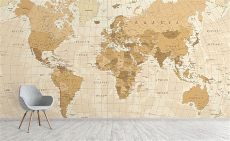 Stereographic Projection Modern Sepia World Map Wall Mural Across The