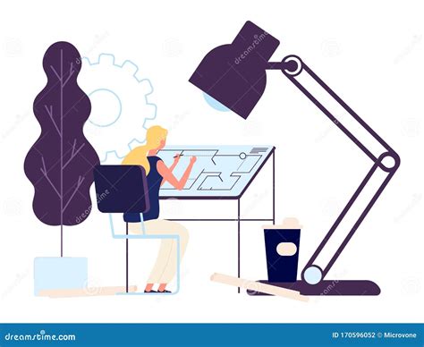 Woman Architect At Work Vector Girl Engineer Character Stock Vector