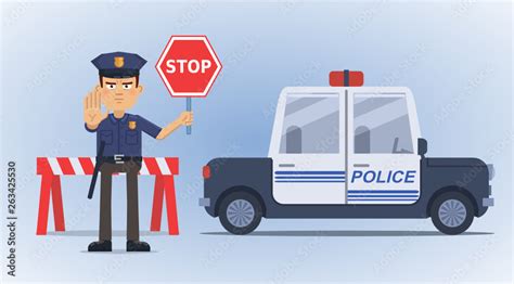Illustration Of A Traffic Policeman Holding A Stop Sign And Standing In