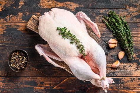 Raw Whole Mallard Duck Poultry Meat With Herbs Dark Wooden Background Stock Image Image Of