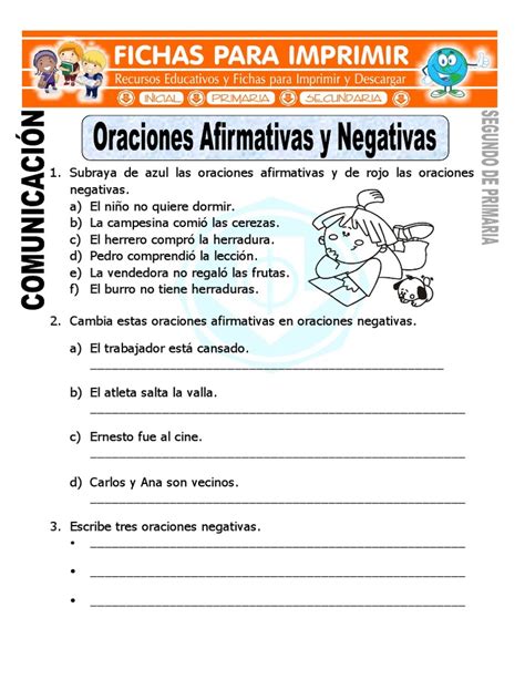 Ficha De Oraciones Afirmativas Y Negativas Para Segundo De Primaria