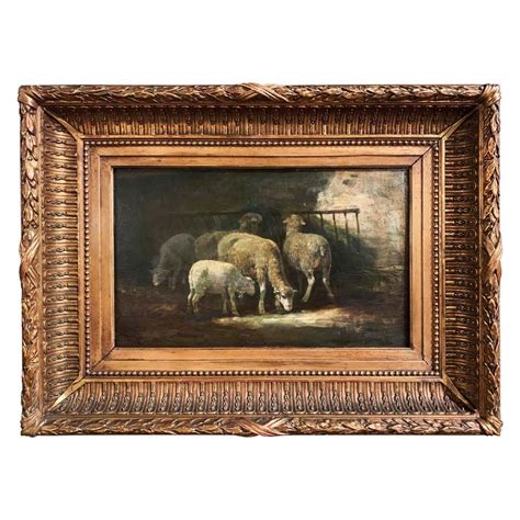 19th Century Sheep Painting In Carved Giltwood Frame Signed R L