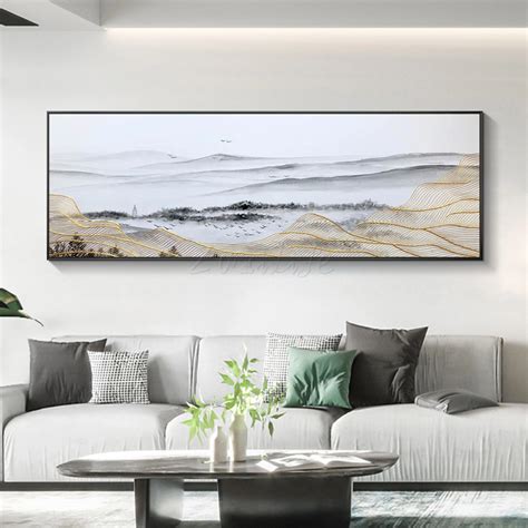 Abstract Landscape Gold Line Canvas Painting Large Framed Wall Art