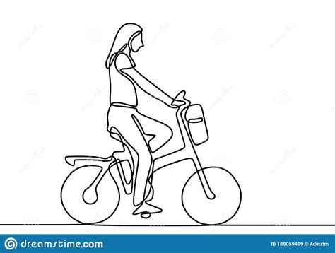 Continuous One Line Drawing Of Beautiful Girl Riding A Bicycle In Minimalism Style Young Lady