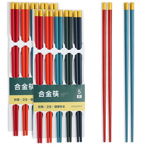 Reanea 10 Pairs Fiberglass Chopsticks Reusable Chopsticks Alloy Multicolor Dishwasher Safe 9