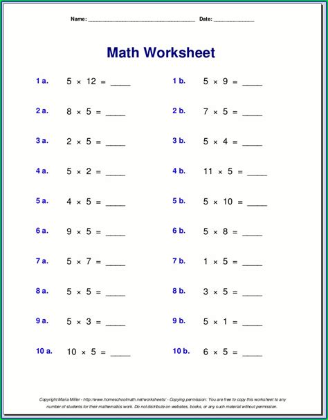 Multiplication Table 1-5 Worksheet