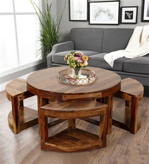 10,300.00 add to cart quickshop compare Round Sheesham Solid Wood Coffee Table With 4 Stools ...