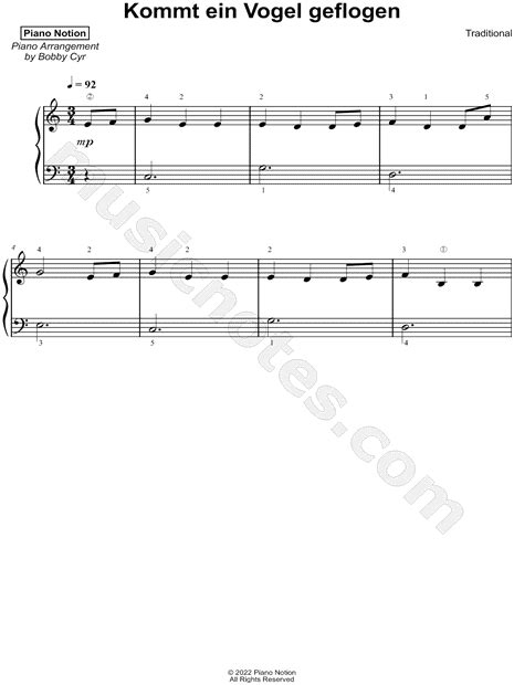 Piano Notion Kommt Ein Vogel Geflogen Sheet Music Piano Solo In C Major Download And Print