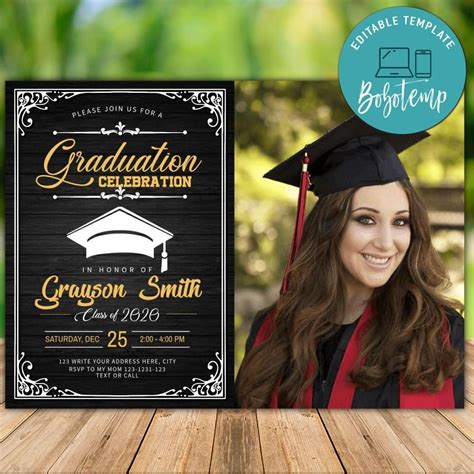 Graduation invitation card with mortars. Printable Graduation High School Invitation Template With ...