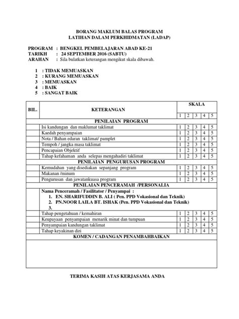 Contoh borang maklum balas program. Borang Maklum Balas Program