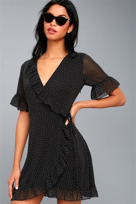 Cute Black Dress Polka Dot Dress Wrap Dress Lulus
