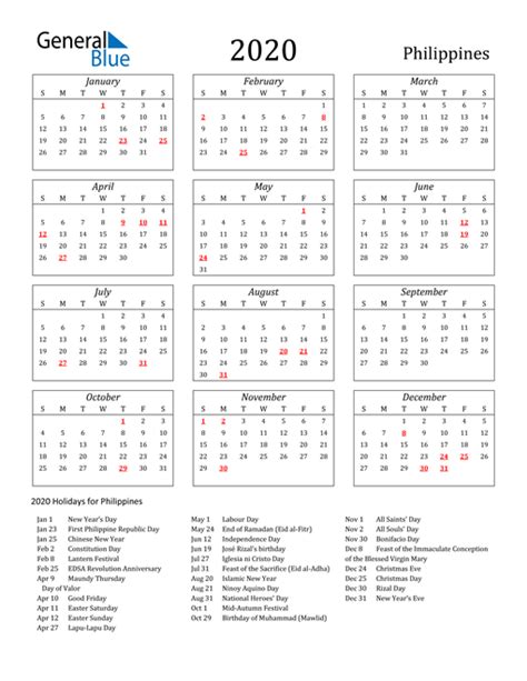 2020 Philippine Calendar With Holidays Template