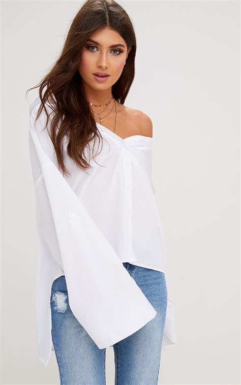 White Oversized Off Shoulder Shirt Tops Prettylittlething Il
