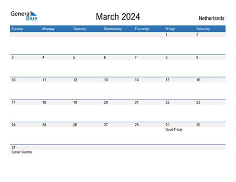 March 2024 Calendar With Netherlands Holidays