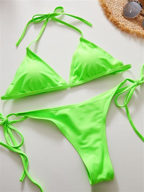 emmiol free shipping 2023 halter triangle bikini set neon green m in bikini sets online store
