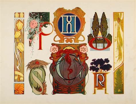 1910 Print Font Design Letters Initial Caps Art Nouveau 3 холста